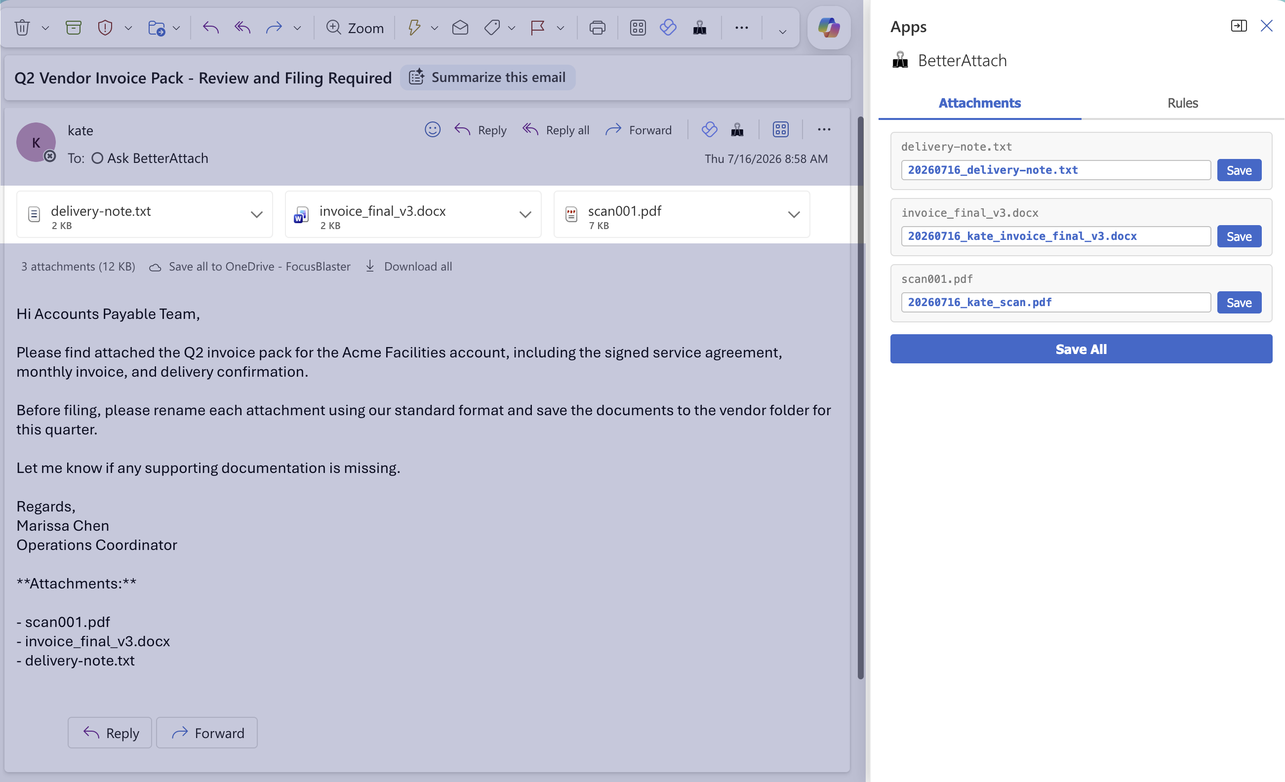 BetterAttach running in Outlook with attachment rename previews and Save buttons