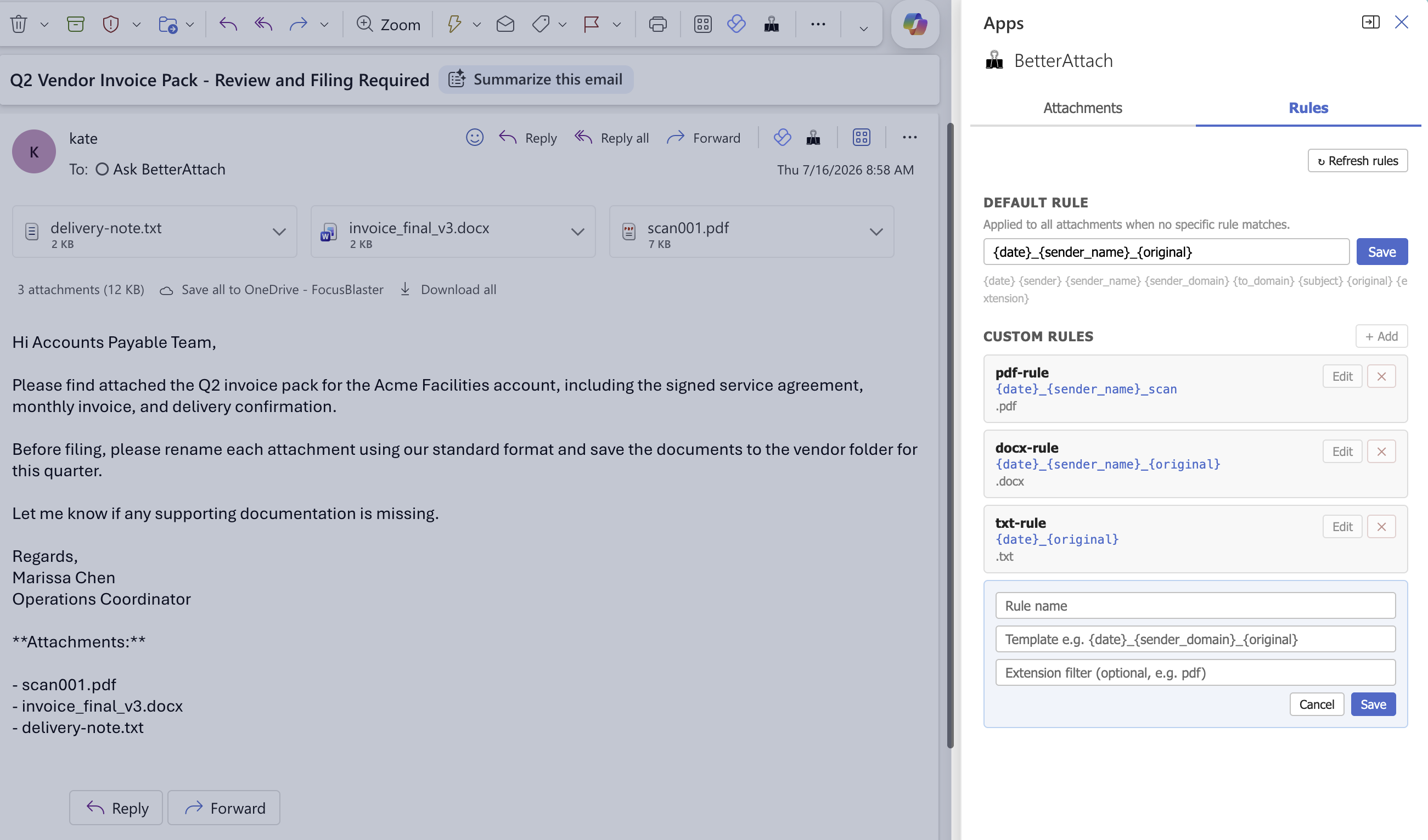 BetterAttach rules tab showing default and custom attachment naming templates